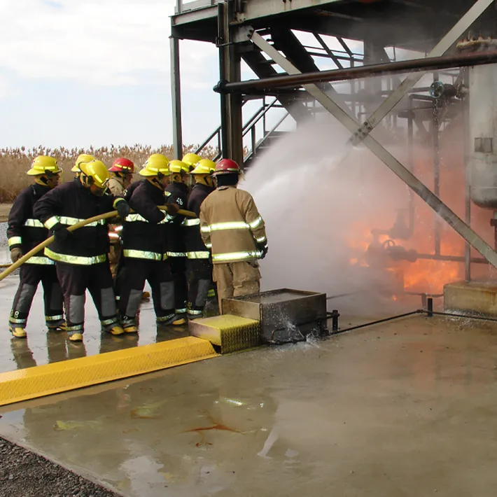 A photo of a group of firefighters putting out a fire with a hose.