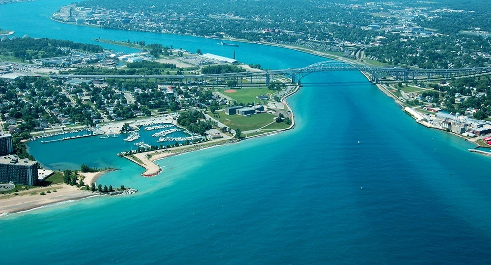 An aerial shot of the Sarnia bridge