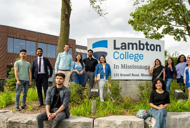 Group of students in front of Lambton College in Mississauga