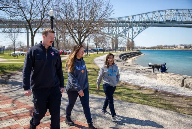 Students walking by Bluewater Bridge